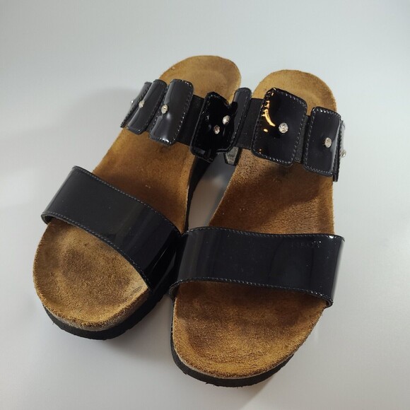 Naot Slide Sandals Women US 11 EU 42 Double Strap Open Toe Black Leather Cork - Picture 1 of 8